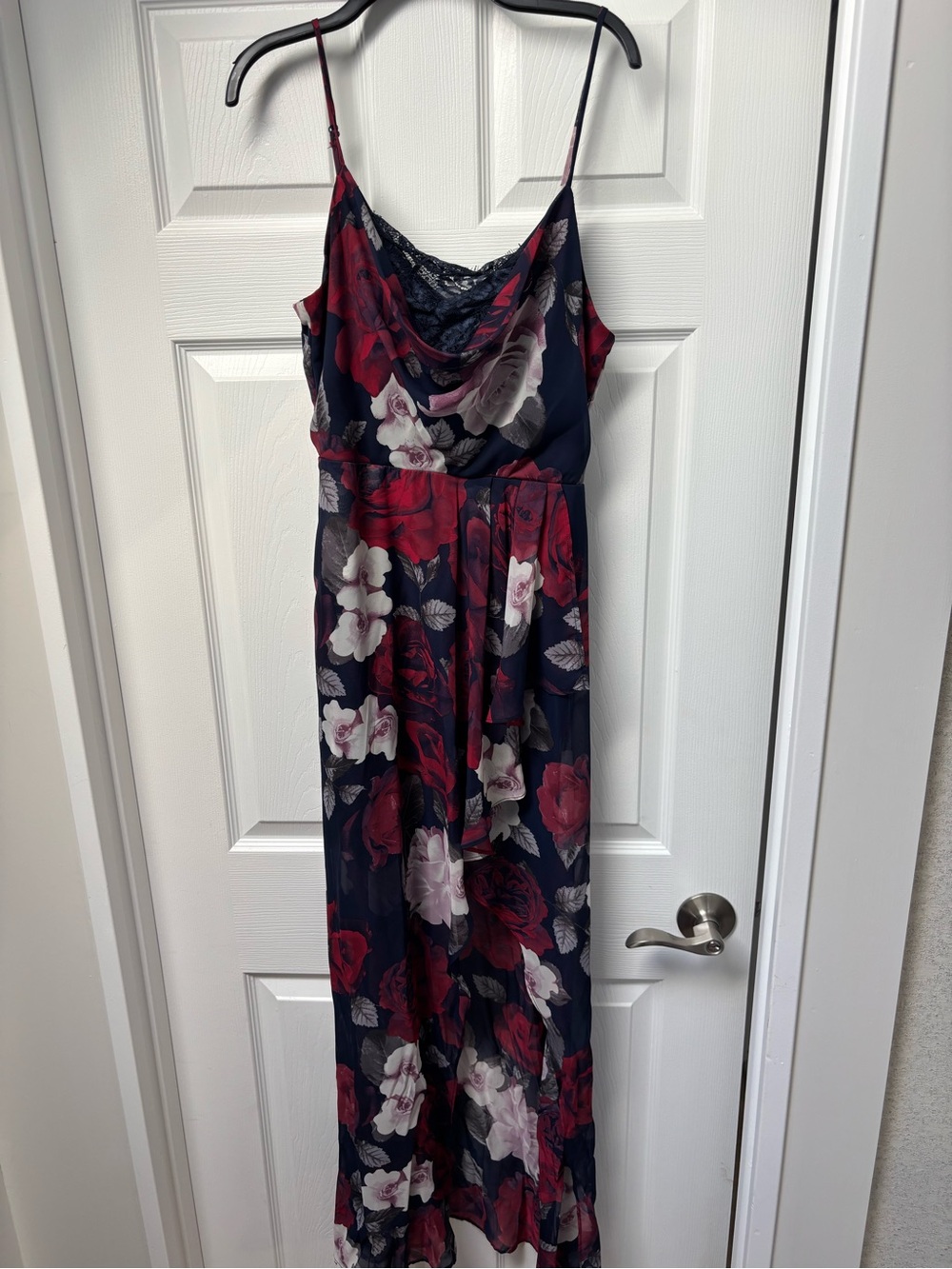 City Triangles Navy Floral Cowl Neck Maxi Dress with Red & White Blooms